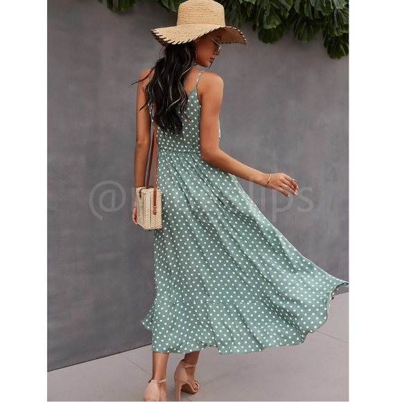 Mint Green Polka Dot Midi Button Through Dress Flared V-Neck - Picture 3 of 16